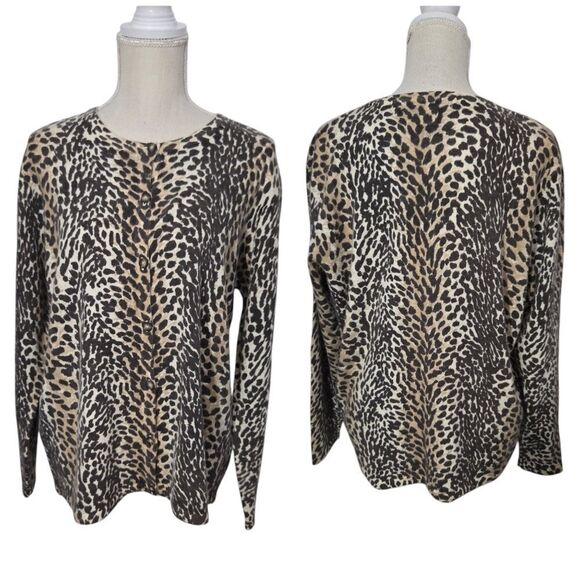 Nina Leonard Cardigan Sweater Women Size 1+ Brown Leopard Lambswool Button up - Picture 1 of 12